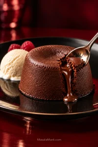 Individual chocolate lava cake on a glossy black plate as a silver spoon breaks the shell and molten chocolate begins to flow out, with vanilla ice cream and raspberries behind it.