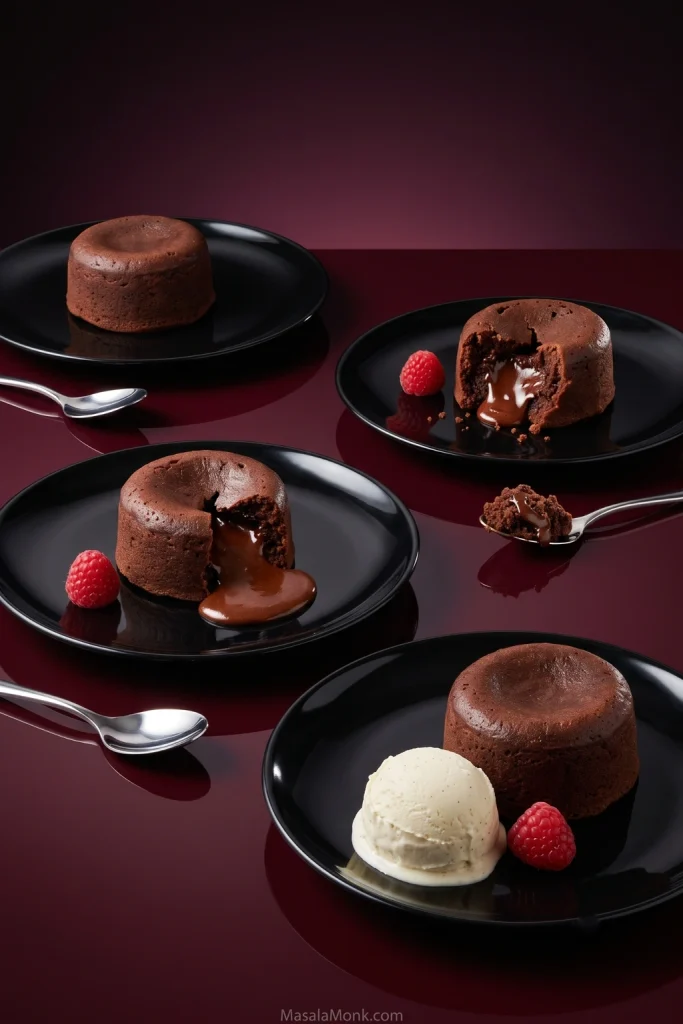 Four chocolate lava cakes on glossy black plates over an oxblood surface at different serving stages, including intact and opened cakes, a spoonful of cake, vanilla ice cream and raspberries.
