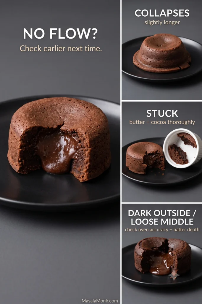 Chocolate lava cake troubleshooting graphic showing a non-flowing fudgy center, a collapsed cake, a cake torn because part remained stuck inside a ramekin, and a dark exterior with an excessively loose center.