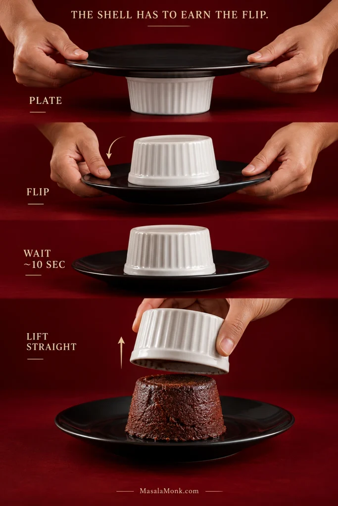 Four-step sequence showing a plate placed over a ramekin, both flipped together, the inverted ramekin resting briefly, and the ramekin lifted straight up to reveal the cake.