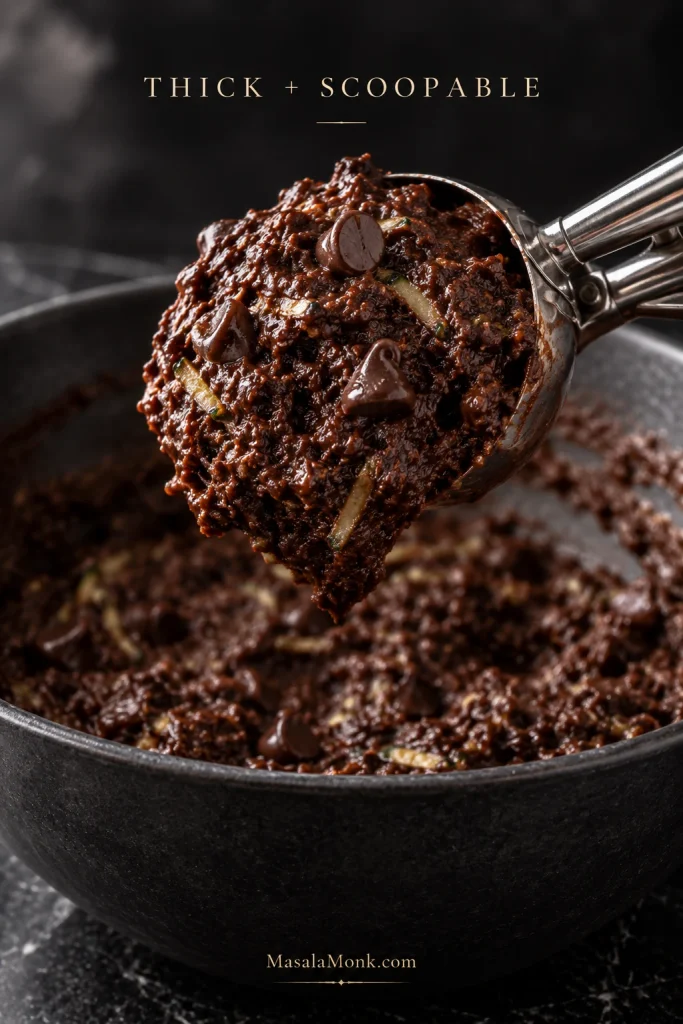 A metal scoop lifts a mound of thick chocolate muffin batter from a dark mixing bowl; the batter holds together rather than pouring off the scoop.