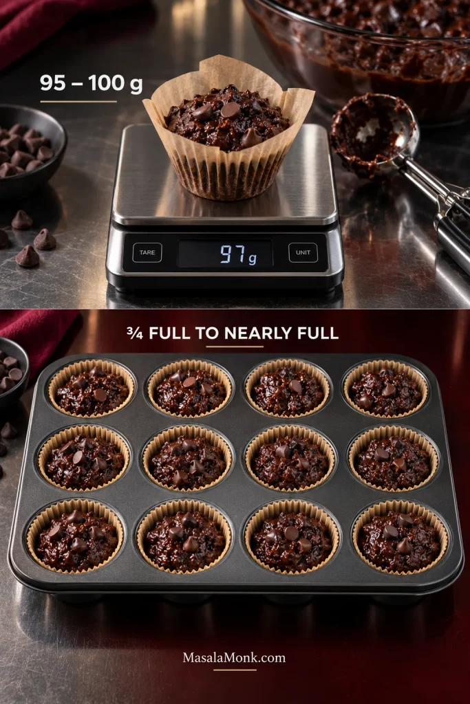 Raw chocolate muffin batter in a paper liner sits on a digital scale reading 97 grams; below, a 12-cup muffin pan is filled with raw batter to about three-quarters to nearly full.