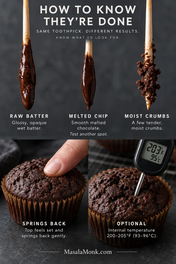 Doneness guide comparing toothpicks coated with raw batter, melted chocolate and moist crumbs, plus a muffin being pressed to show spring-back and a thermometer reading about 203°F or 95°C.