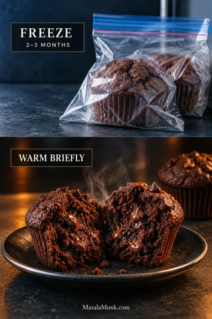 Chocolate muffins sealed in a clear freezer bag beneath the words Freeze, 2–3 months, followed by a warm split muffin with light steam and softened chocolate under the words Warm briefly.