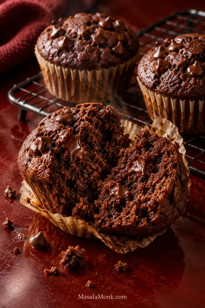 Fresh chocolate-chip zucchini muffins on a cooling rack, with one muffin split open to reveal a tender baked cocoa crumb and localized melted chocolate pockets.