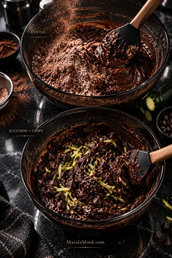 Chocolate muffin batter shown during mixing, with cocoa batter in one bowl and shredded zucchini and chocolate chips being incorporated into the mixture.