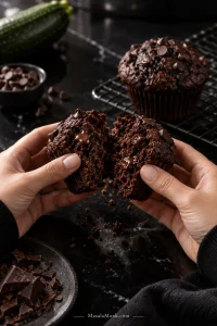 Two hands pull apart a dark chocolate muffin, revealing a fully baked cocoa crumb with several glossy pockets of melted chocolate; another chocolate-chip muffin sits on a cooling rack behind it.