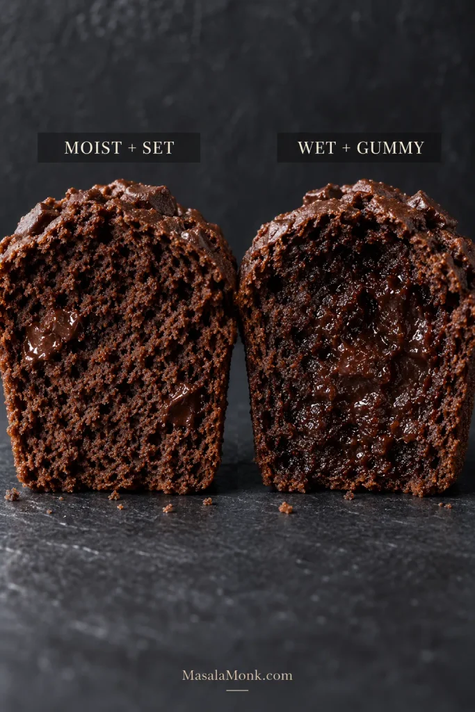 Side-by-side muffin cross-sections compare a moist, fully set crumb with visible air pockets against a wet, gummy center that appears compressed, shiny and underbaked.