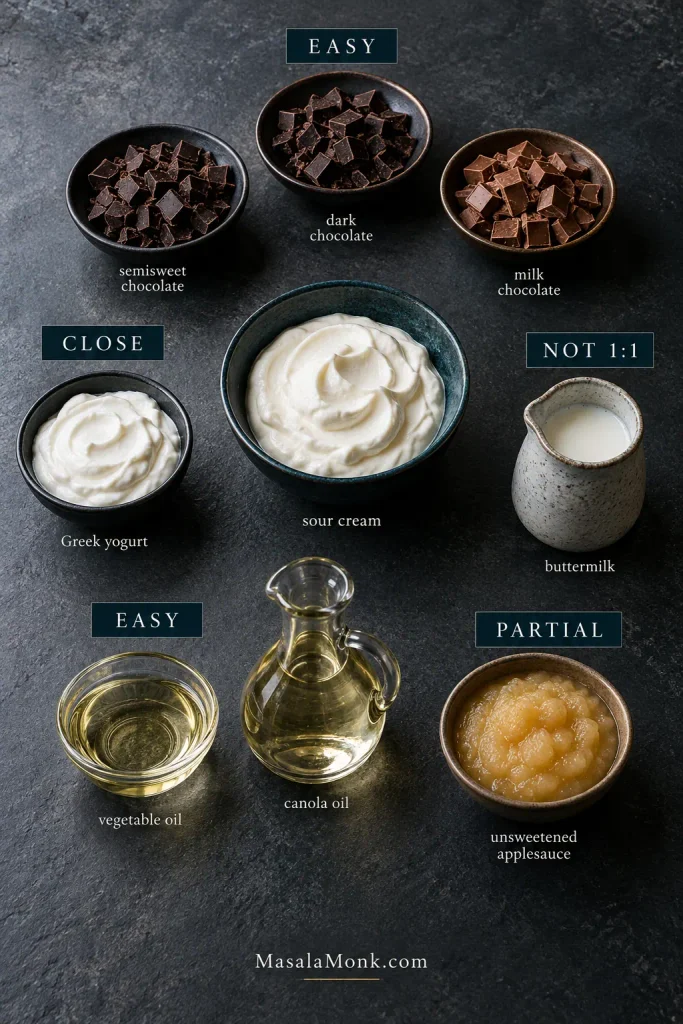 Ingredient substitution guide showing semisweet, dark and milk chocolate as easy swaps; Greek yogurt close to sour cream; buttermilk marked not one-to-one; and applesauce shown as a partial alternative to oil.