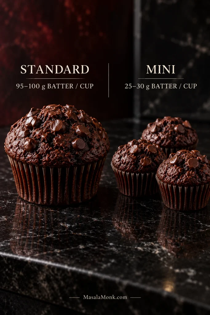One standard chocolate muffin beside three smaller mini muffins; labels give 95–100 grams of batter per standard cup and 25–30 grams per mini cup.