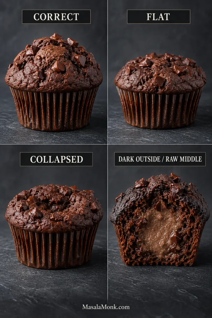 Four-panel troubleshooting comparison showing a correctly risen chocolate muffin, a flat muffin, a muffin with a collapsed center, and a very dark muffin cut open to reveal raw batter in the middle.