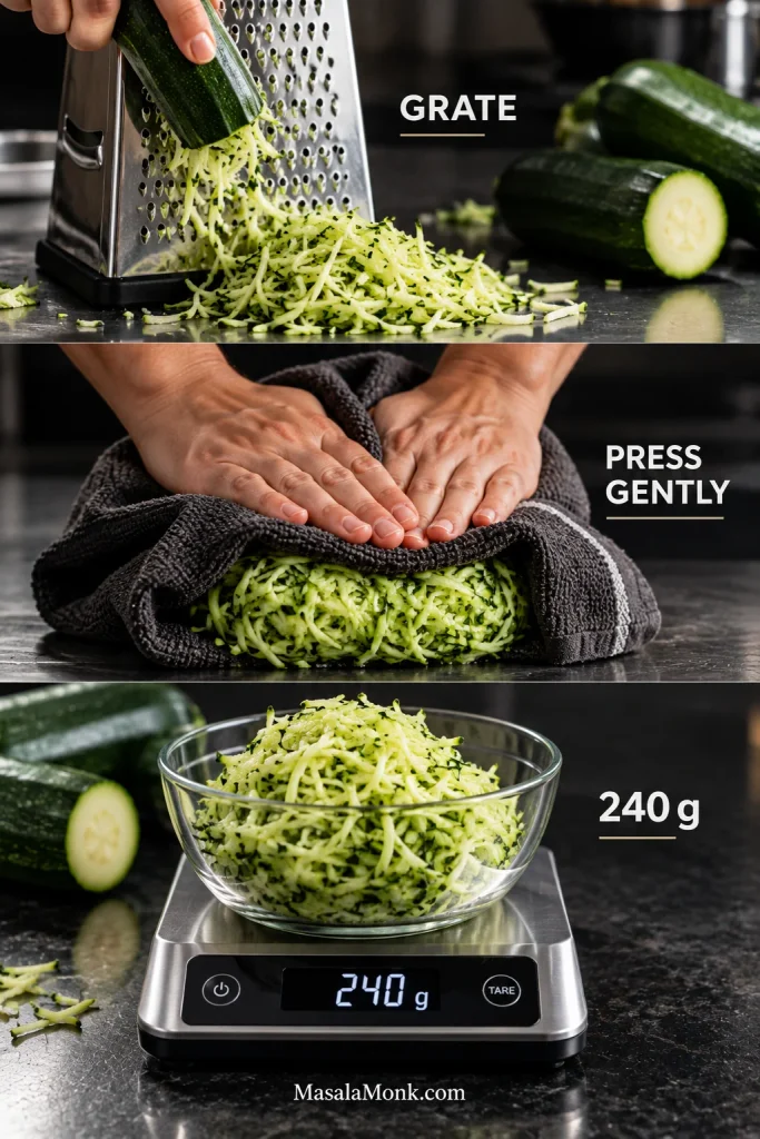 Three-step zucchini preparation guide showing finely shredded zucchini from a box grater, shredded zucchini being gently pressed in a towel, and prepared zucchini on a digital scale reading 240 grams.