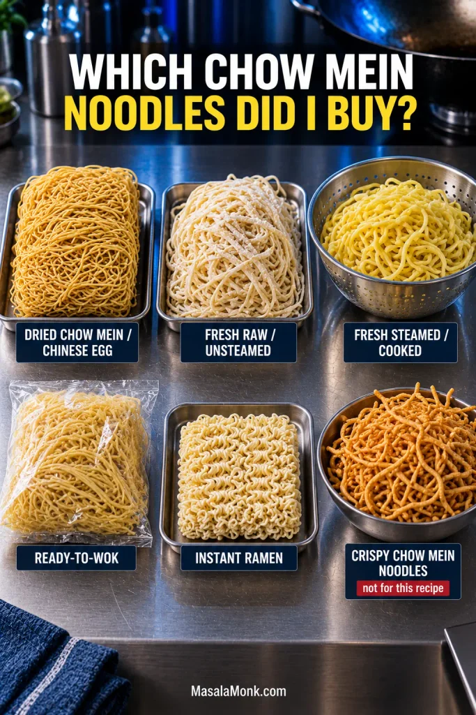 Guide comparing several noodle products used or sold for chow mein, including fresh or steamed noodles, dried noodles and crisp fried noodles, with the crispy product identified separately.