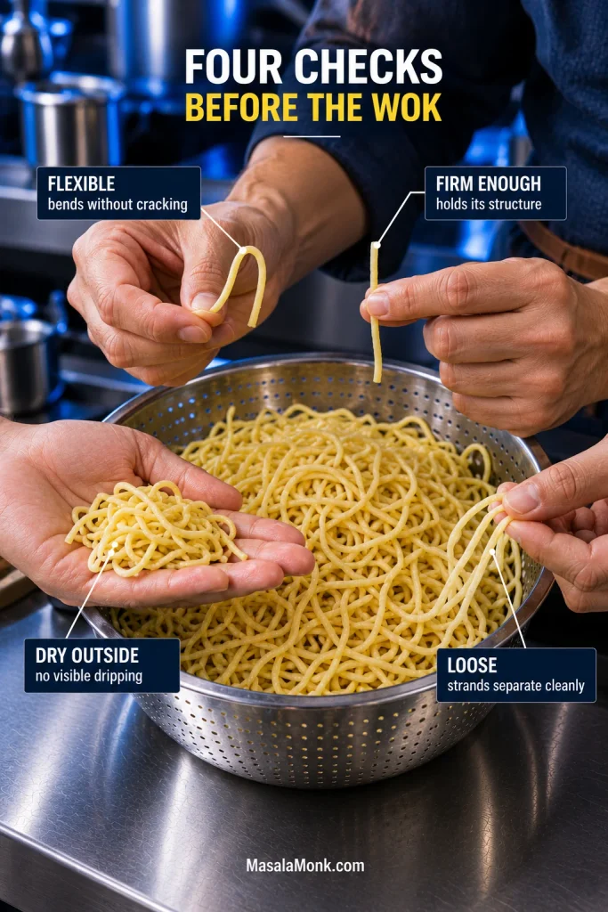 Four noodle readiness checks labeled Flexible, Firm Enough, Dry Outside and Loose, showing a bent strand, an intact strand, surface-dry noodles and separated strands.