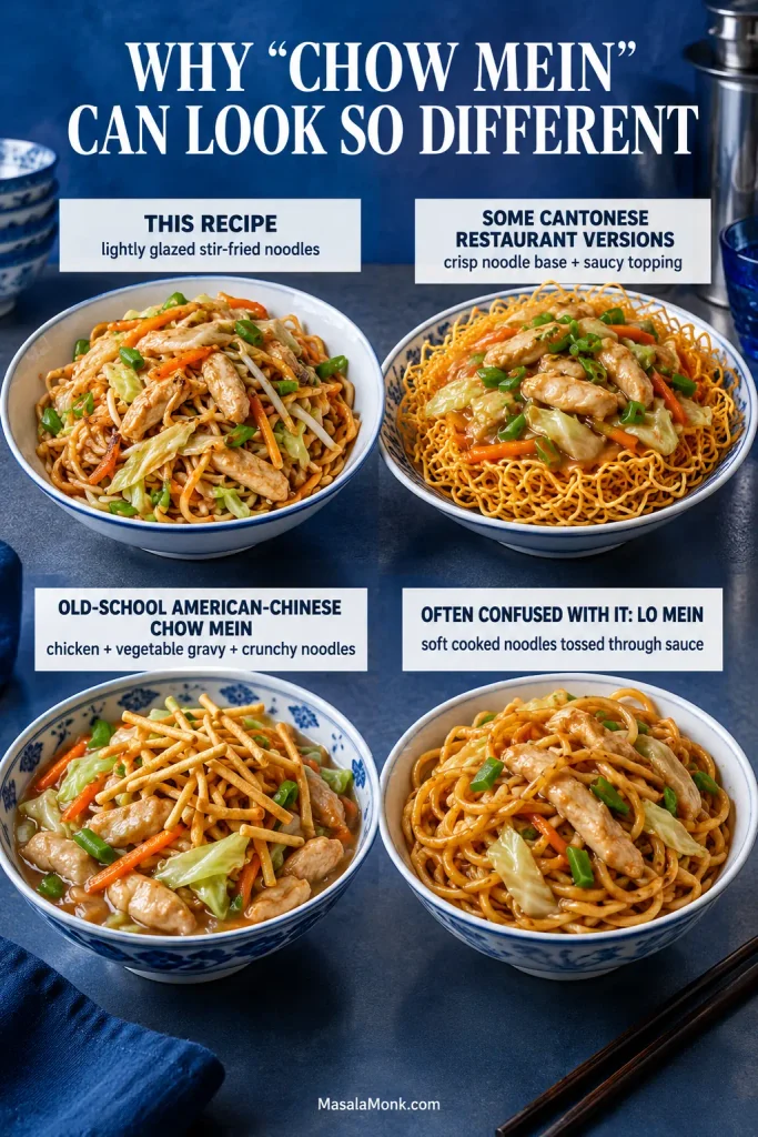 Four noodle dishes compare lightly glazed stir-fried chicken chow mein, crisp noodles with a saucy topping, American-Chinese chow mein with gravy and crunchy noodles, and soft sauce-tossed lo mein.
