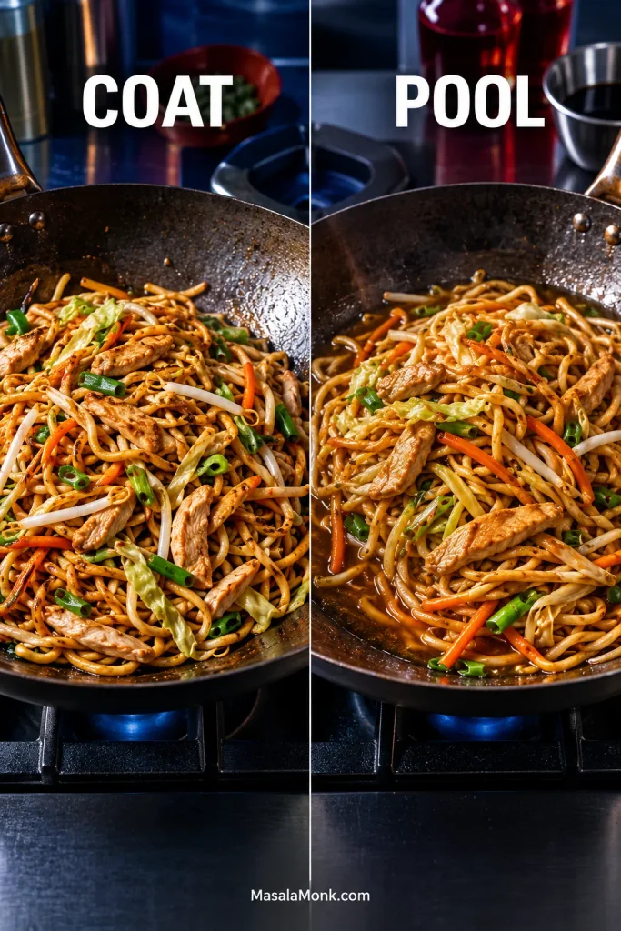 Matched pans labeled Coat and Pool compare glossy separated chicken chow mein with little liquid underneath against wetter noodles sitting in visible dark sauce.
