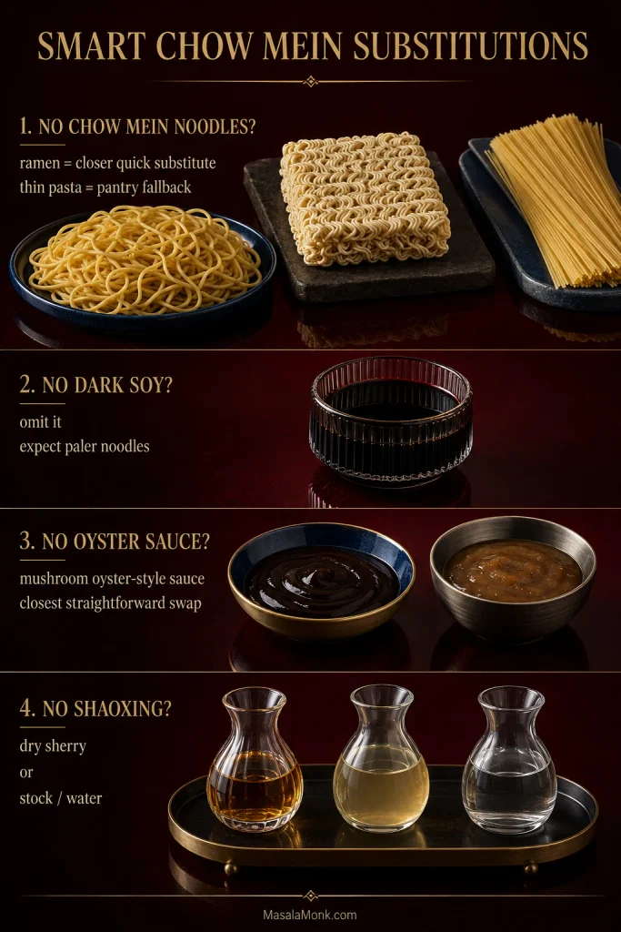 Chow mein substitution guide showing Chinese noodles with instant ramen and thin pasta, dark soy sauce, oyster-style sauces and small vessels representing Shaoxing wine alternatives.