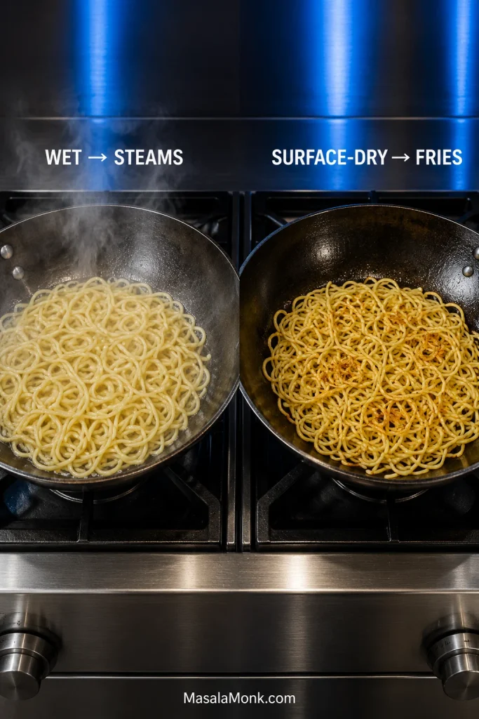 Two woks compare wet noodles producing heavy steam with surface-dry noodles making direct pan contact and developing browned patches; labels read “Wet → Steams” and “Surface-Dry → Fries.”