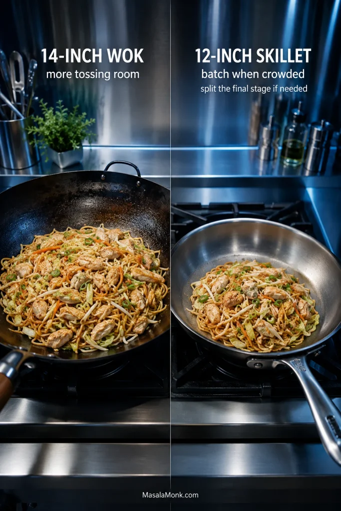 Large carbon-steel wok holding chicken chow mein beside a 12-inch stainless skillet with a smaller batch, illustrating the difference in usable cooking and tossing space.