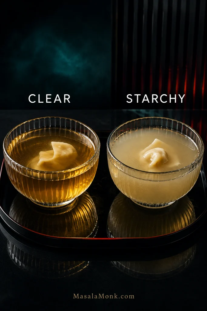 Matching vessels labeled Clear and Starchy showing transparent amber wonton broth beside noticeably cloudier broth affected by wrapper starch.