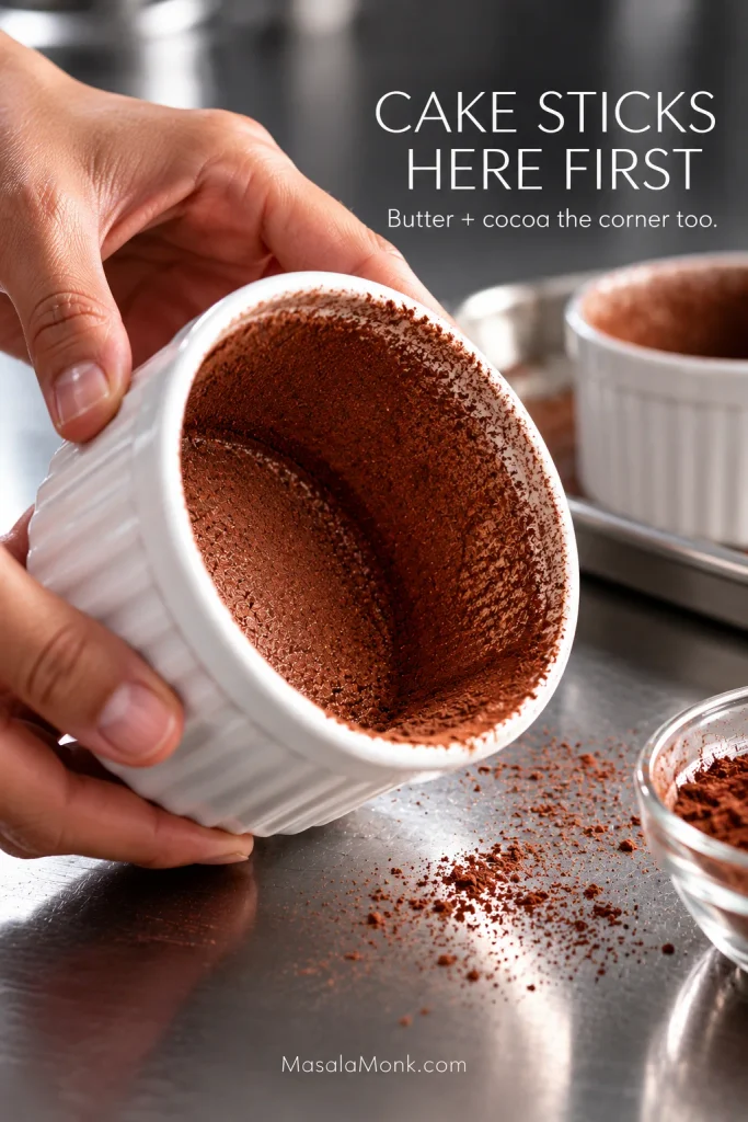 Hands holding a white ramekin with a thin cocoa coating over the bottom, sides and lower corner where the base meets the wall.