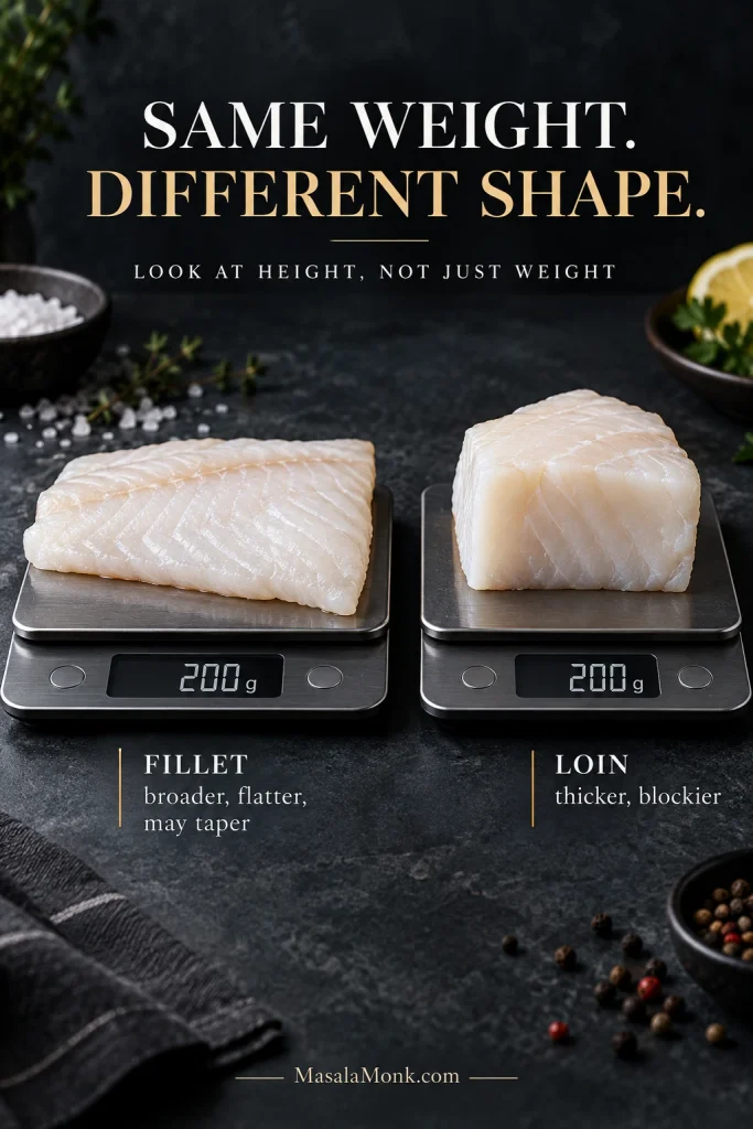 Two 200-gram raw cod portions on digital scales, comparing a broad flat fillet with a shorter thicker cod loin.