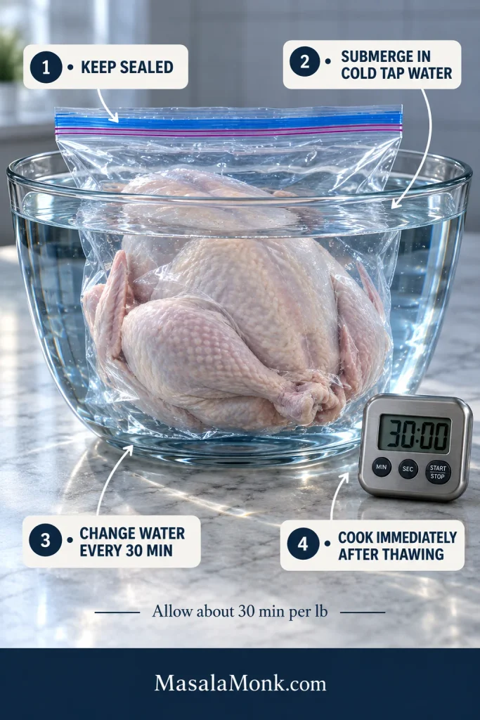 Sealed raw turkey fully submerged in clear cold water in a large glass container beside a 30-minute timer and thawing-step labels.