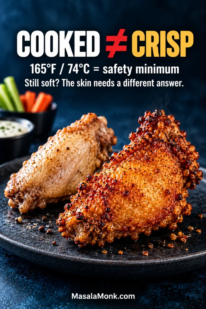 Pale soft-looking cooked chicken wing beside a darker golden wing with taut, blistered skin; the graphic notes 165°F / 74°C as the safety minimum.