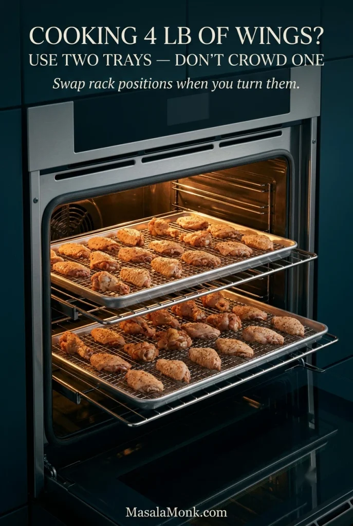 Two sheet pans of chicken wings on separate oven racks, with the wings arranged in single layers and spaced apart for airflow.