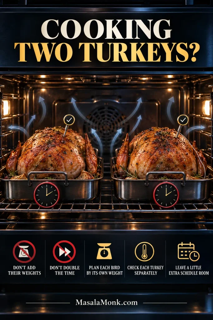 Two similarly sized turkeys roasting in separate shallow pans inside one oven with airflow arrows, separate clocks and check markers showing that each bird is timed and checked independently.