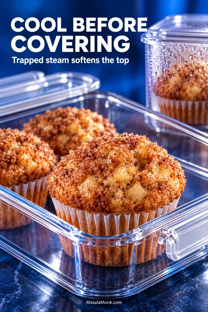 Apple muffins beside an open clear storage container, with a closed container behind them showing condensation droplets around a warm muffin.