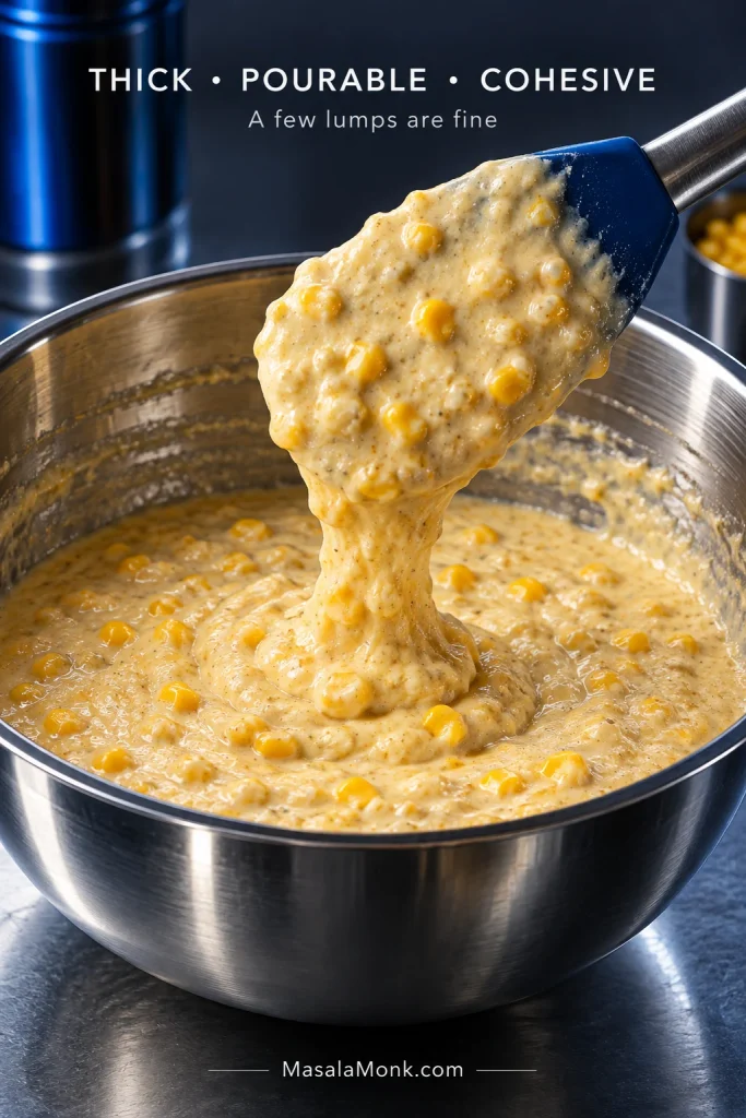 Thick corn casserole batter with visible kernels falling from a spatula into a metal bowl.