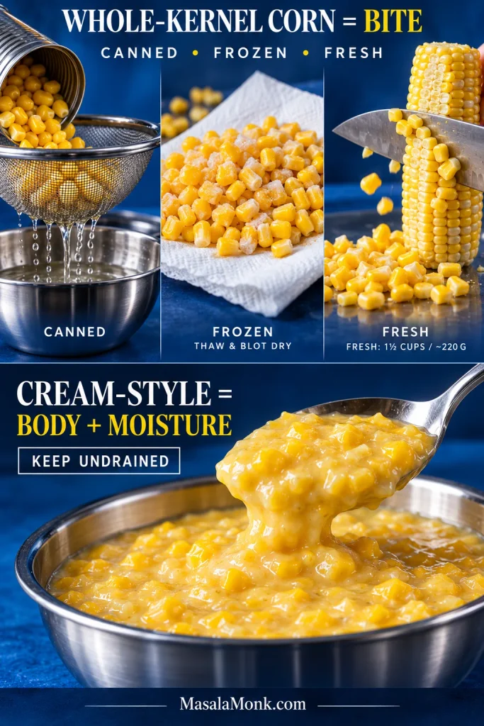 Canned, frozen, fresh and cream-style corn shown with their different preparation roles for corn casserole.