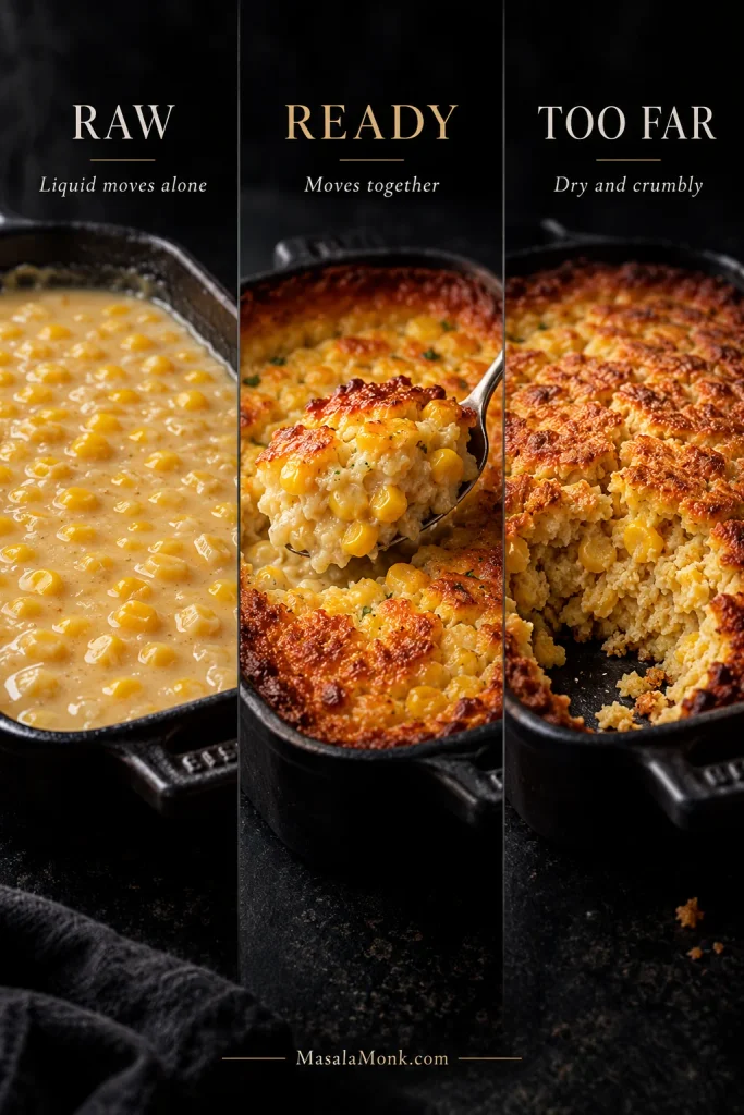 Raw, ready and overbaked corn casserole compared by center texture, from loose and glossy to moist-set to dry and crumbly.