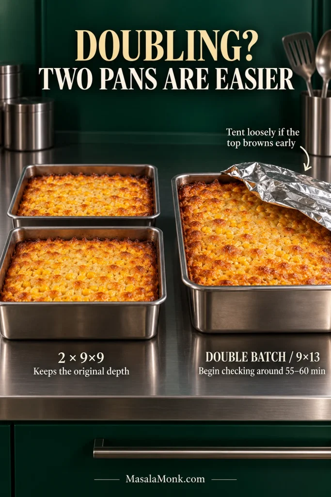 Two 9 by 9 pans beside a deeper double-batch 9 by 13 corn casserole with loose foil partly tenting the larger pan.