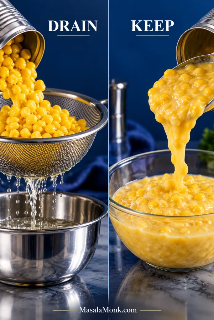 Whole-kernel corn draining in a metal sieve beside cream-style corn kept with its thick liquid.
