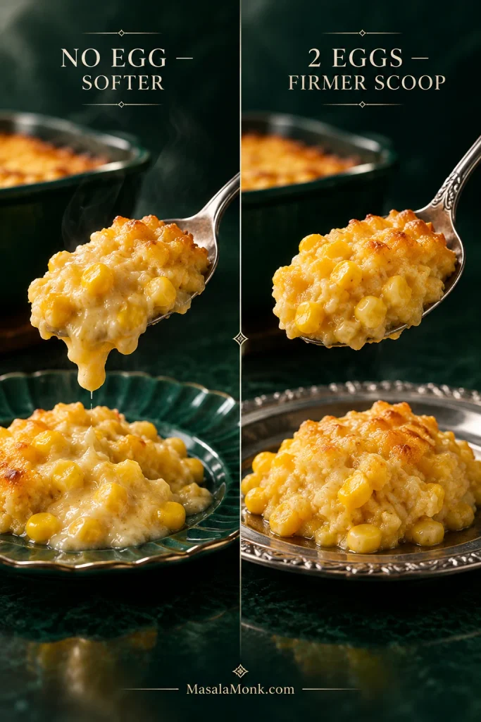 Side-by-side corn casserole servings showing a softer no-egg version and a firmer, moist two-egg version.