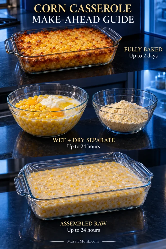 Make-ahead guide comparing fully baked casserole, separate wet and dry mixtures, and assembled raw casserole.