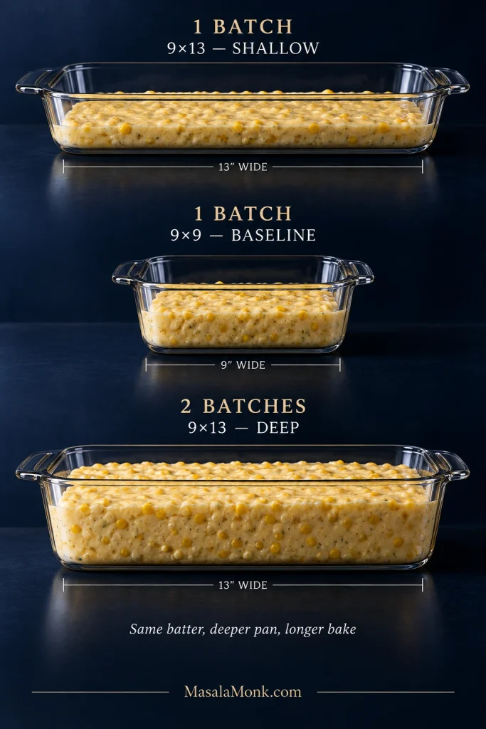 Three pans compare corn casserole batter depth: shallow 9 by 13, baseline 9 by 9, and deep double-batch 9 by 13.