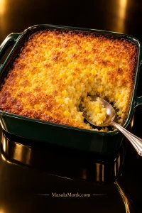 Golden corn casserole in a glossy deep-green baking dish with one serving removed, showing browned edges, visible corn kernels, and a moist, soft center beside a silver serving spoon.
