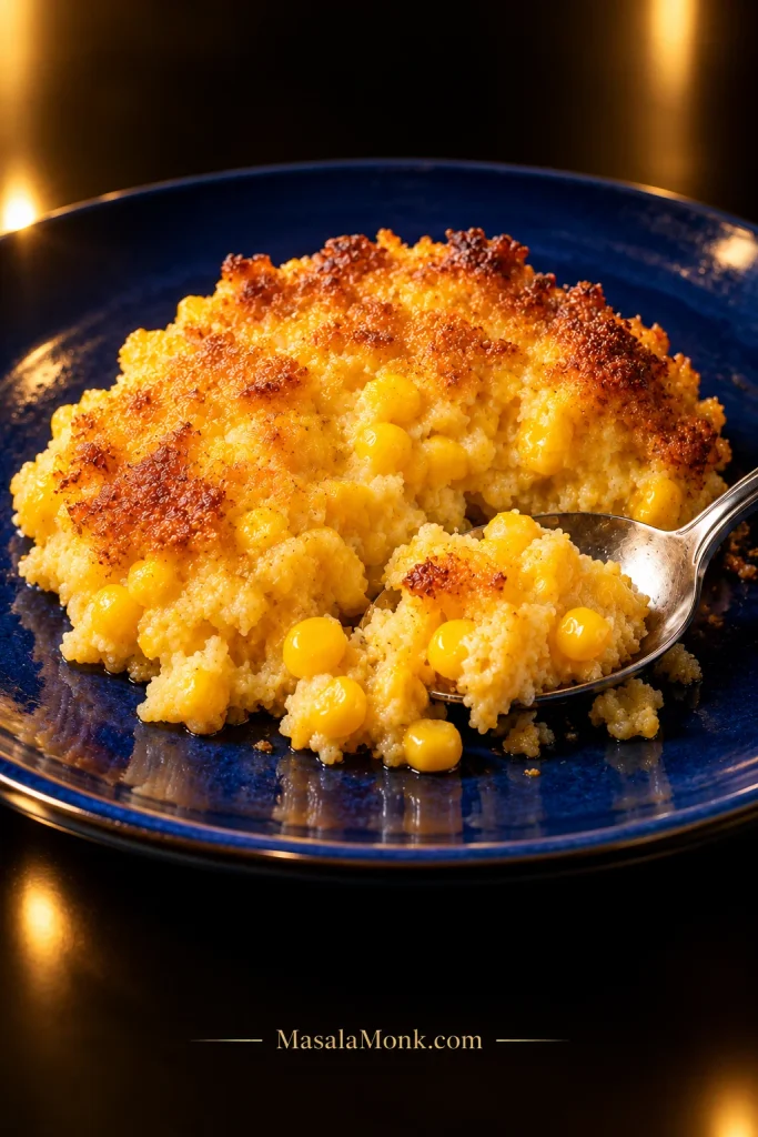 Golden corn casserole scoop on a cobalt-blue plate with browned edges, a moist center, visible kernels and a silver spoon.