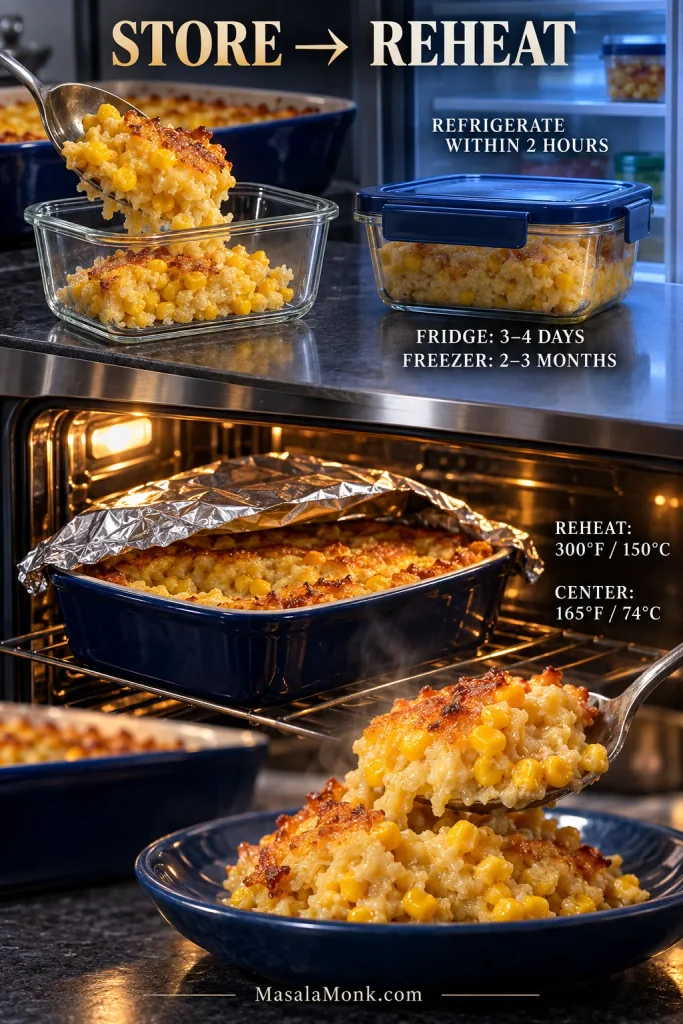 Corn casserole leftovers shown in storage, reheating under loose foil, and served again with a moist center.