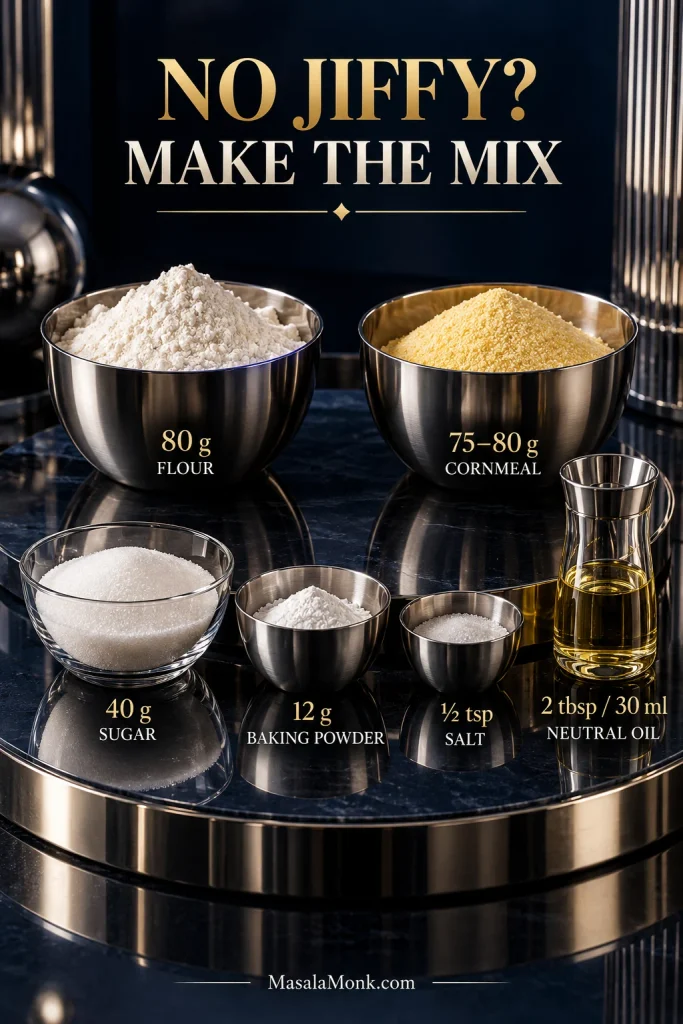 Measured flour, cornmeal, sugar, baking powder, salt and oil arranged for homemade corn muffin mix.