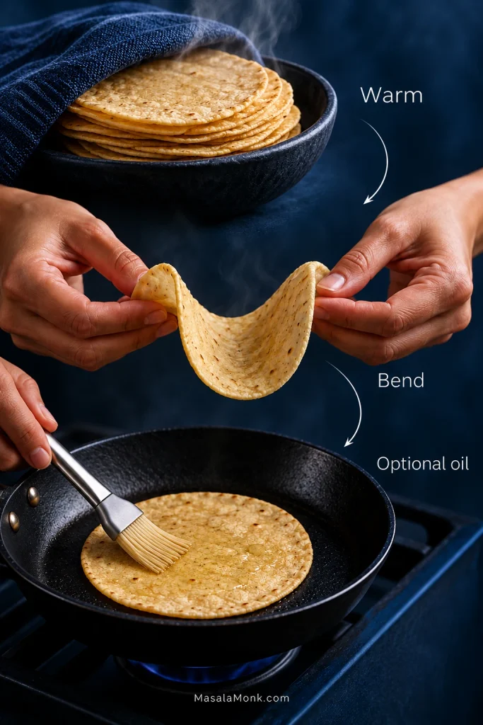 Three-step corn tortilla guide showing warmed tortillas, one bending into a U shape without cracking, and another being lightly brushed with oil in a skillet as an optional step.