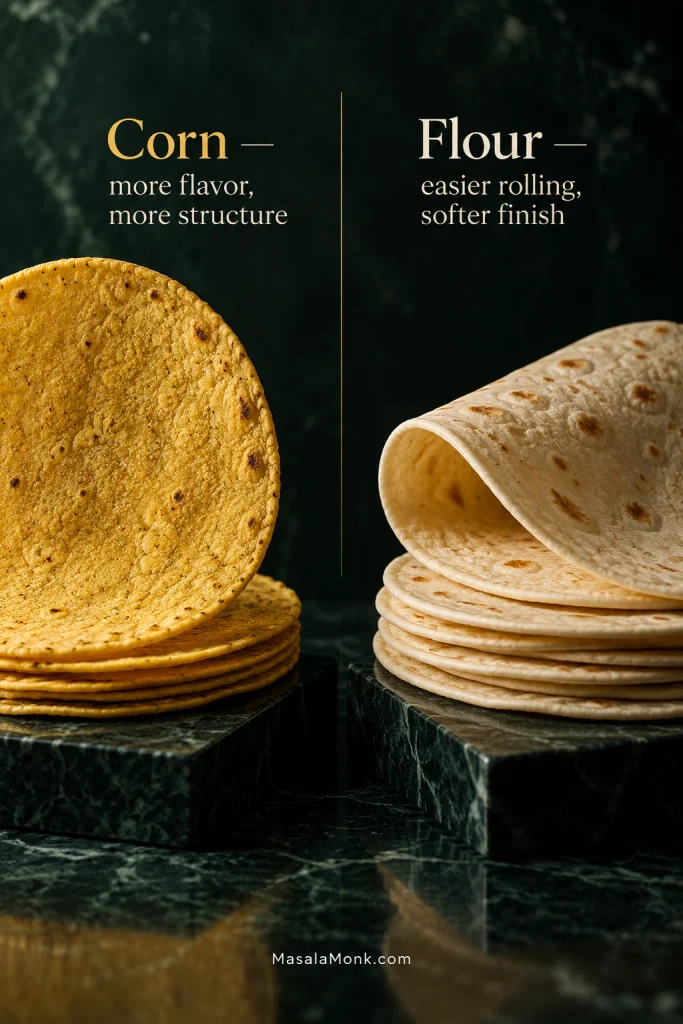 Side-by-side stacks of yellow corn tortillas and pale flour tortillas, labeled that corn offers more flavor and structure while flour is easier to roll and gives a softer finish.