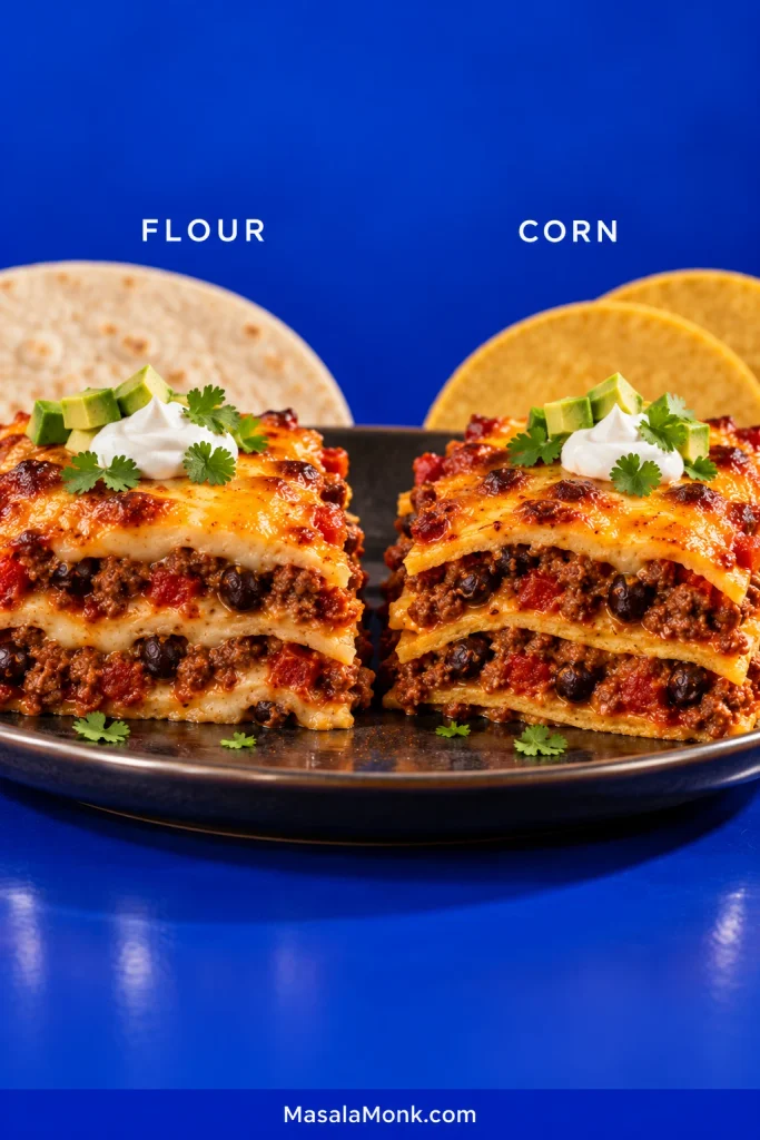 Two taco casserole slices compared side by side and labeled FLOUR and CORN; the flour-tortilla version has softer blended layers, while the corn-tortilla version shows more defined tortilla edges.
