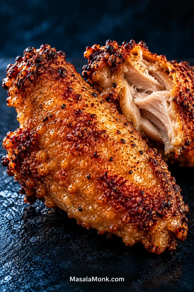 Close-up of baked chicken wings showing crisp browned skin on one wing and moist cooked chicken meat exposed inside another.