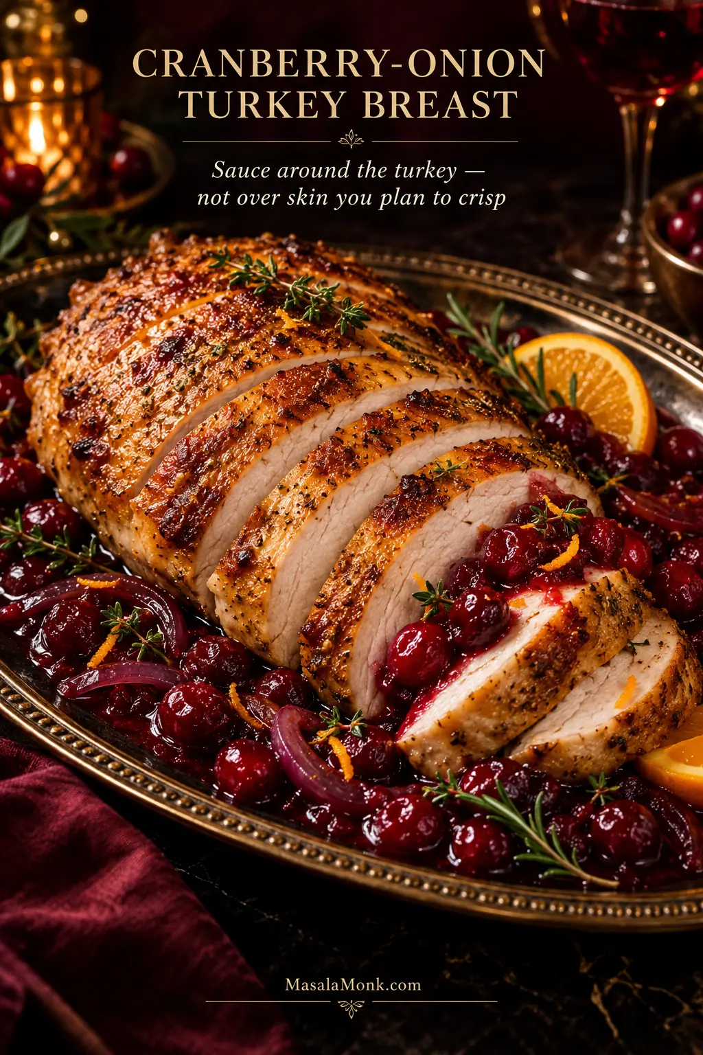 Golden sliced turkey breast surrounded by glossy cranberries, red onion, orange zest and herbs.