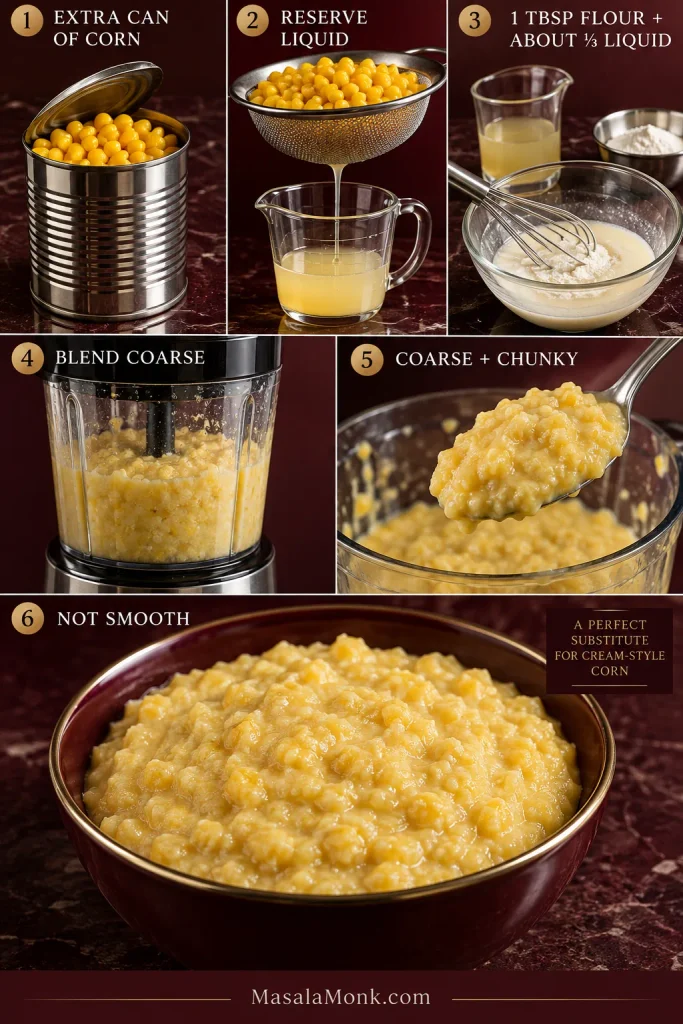 Cream-style corn substitute shown from whole kernels and reserved liquid to a coarse, chunky blended mixture.