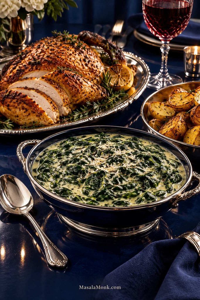 Creamed spinach served with sliced roast chicken and golden roasted potatoes as part of a complete dinner.